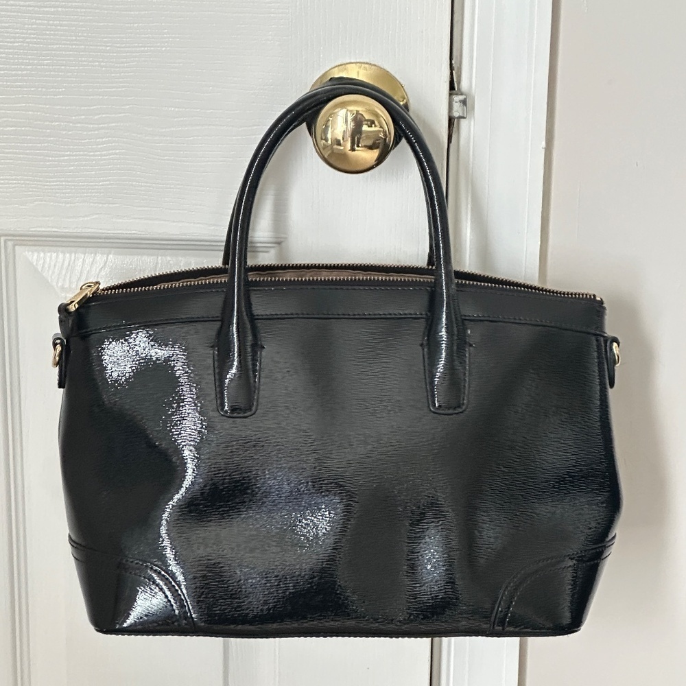 RLL Ralph Lauren Black Leather 2-Way Satchel Bag Cowhide Patent High Gloss Good - Picture 2 of 9